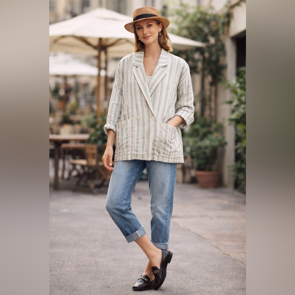 Maeve by Anthropologie Women’s Textured Cotton Stripe Blazer Jacket Relaxed Sz M